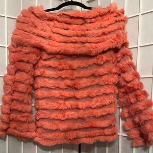 BCBG MAXAZRIA Rabbit Fur Off-Shoulder Top Coral Crystal Rose NWT